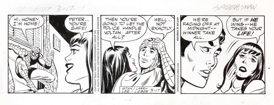 Lieber Larry - "The Amazing Spider Man", 2001: The Amazing Spider Man, 17/03/2001 ITA matita e china su cartoncino, 35,5 x 14 cm Striscia giornaliera del 17/03/2001 per "The Amazing Spider Man" di Stan Lee, edita dalla Marvel. Firmata in cartiglio