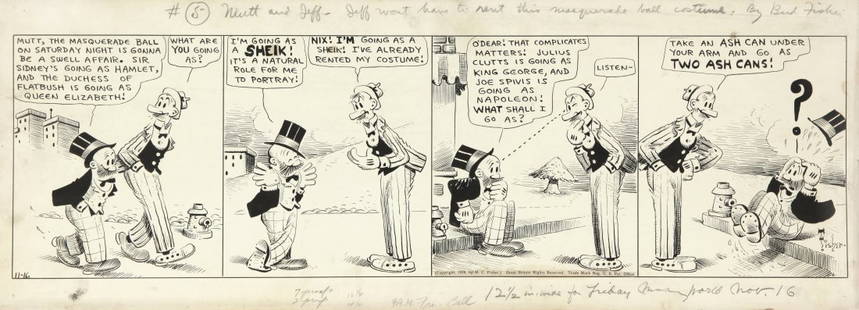 Fisher Bud - "Mutt and Jeff", 1928: Mutt and Jeff, 16/11/1928 ITA matita e china su cartoncino, 76,5 x 28 cm Striscia giornaliera del 16/11/1928 per "Mutt and Jeff". Striscia nata nel 1907, grazie a “Mutt and Jeff” si originò il