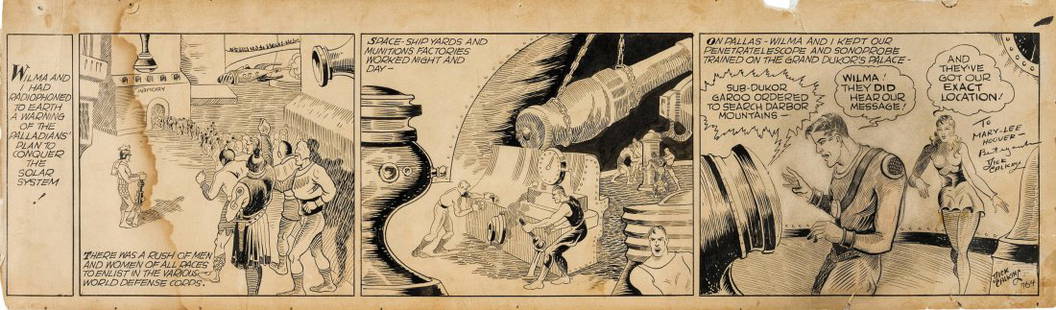 Calkins Dick - "Buck Rogers - Palladian Space Pirates",: Buck Rogers - Palladian Space Pirates, 1936 ITA matita e china su cartoncino, 57 x 16 cm Striscia giornaliera n. 764 del 1936 per "Buck Rogers". Storica striscia di quello che è unanimemente