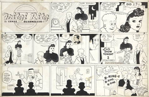 Bushmiller Ernie - "Fritzi Ritz", 1941: Fritzi Ritz, 28/12/1941 ITAmatita e china su cartoncino, 53 x 35 cm Tavola domenicale del 28/12/1941 per "Fritzi Ritz". Divertente tavola per il capodanno del 1941, un pezzo di storia.