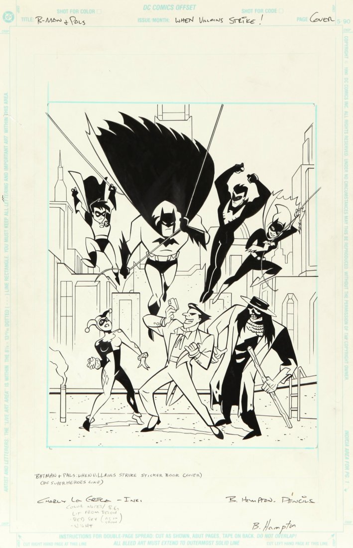 Hampton Bo - "Batman & Pals: When Villains Strike",: Batman & Pals: When Villains Strike, 1998 ITA matita e china su cartoncino DC, 28 x 43,5 cm Originale di copertina per "Batman & Pals: When Villains Strike", edito dalla DC nel 1998 all’interno dell