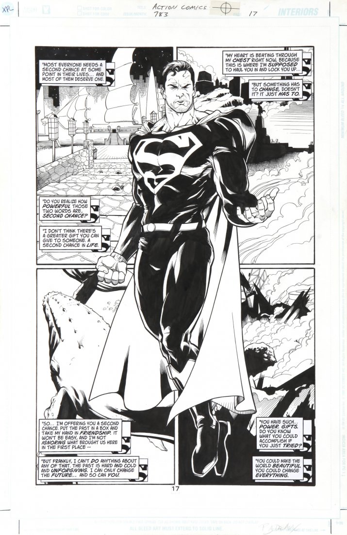 Badeaux Brandon - "Superman ", 2001: Superman, 2001 ITA matita e china su cartoncino DC, 28 x 43 cm Tavola originale per Superman in Action Comics, n. 783 edita a pag. 17 dalla DC Comics nel 2001. ________________________________________