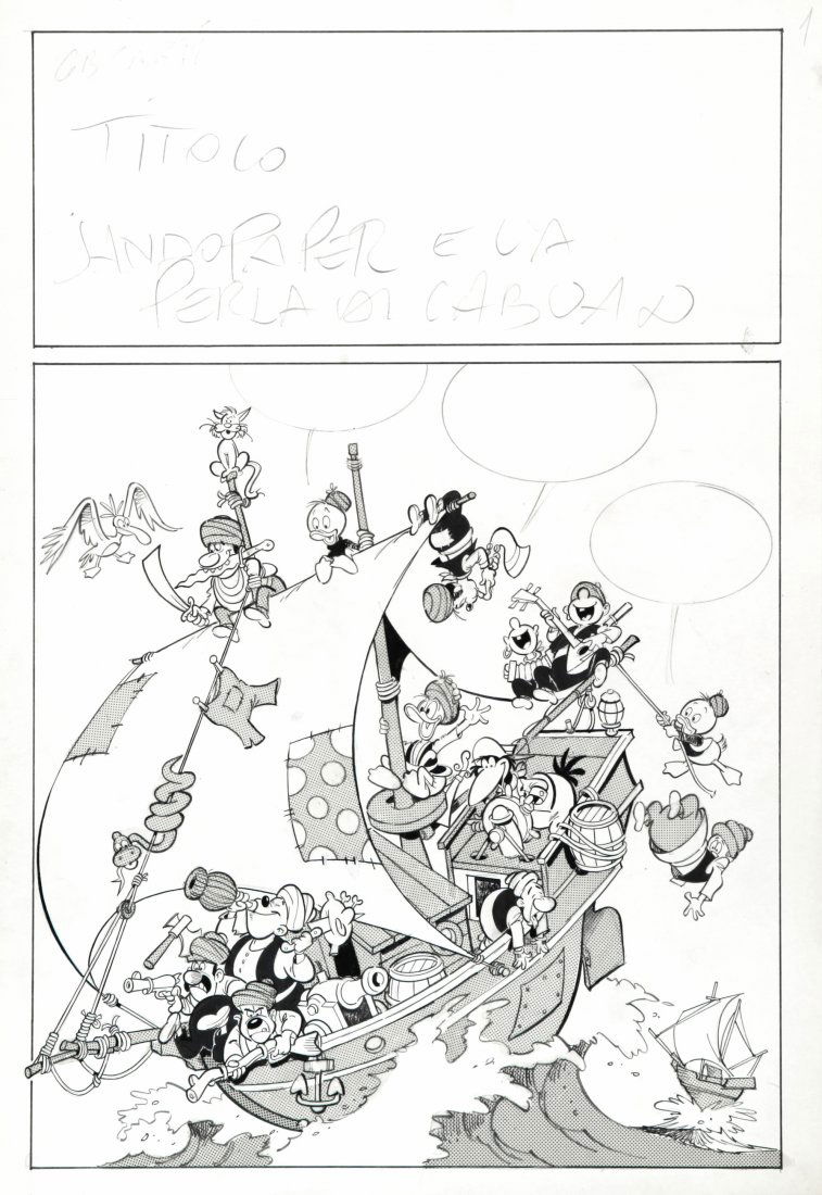 Carpi Giovan Battista - "Sandopaper e la perla di: Sandopaper e la perla di Labuan, 1976 ITA matita, china e retino su cartoncino, 25 x 36,5 cm Splash page inedita (con alcune varianti rispetto alla versione pubblicata) realizzata da Carpi per la sec