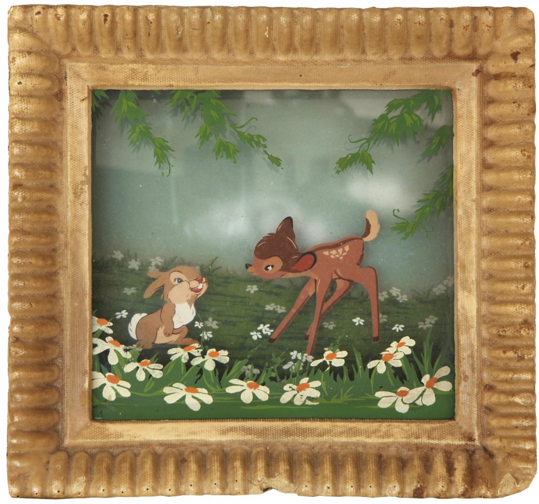 Disney / Courvoisier - "Multiplane painting No. 5": Multiplane painting No. 5 - Bambi and Thumper, 1942 ITA tempera su vetro, 22 x 21 cm Dipinto originale a tempera su tre lastre di vetro sovrapposte e incorniciate, raffigurante una scena del lungometr
