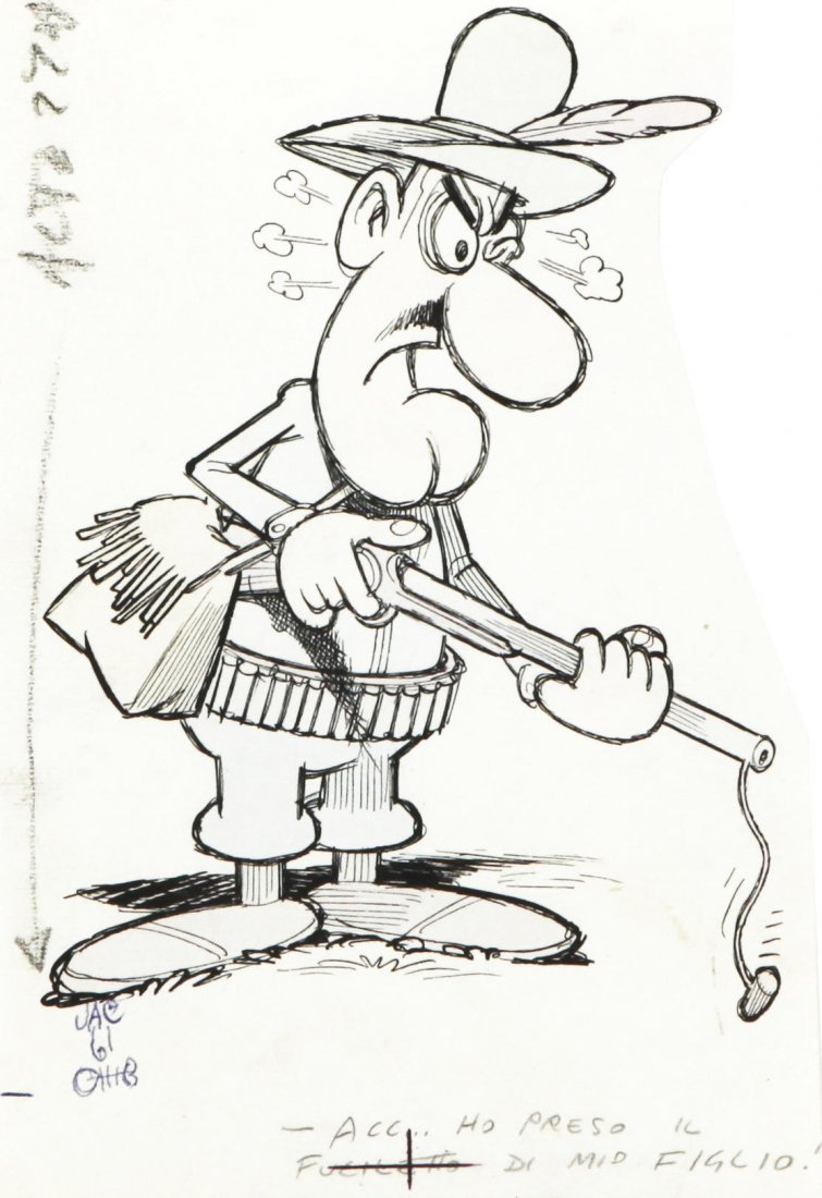 Jacovitti Benito - ""Acc...ho preso il fuciletto di mio: Jacovitti Benito - ""Acc...ho preso il fuciletto di mio figlio!"", anni '60 ITA china su carta, 15 x 21,5 cm Illustrazione originale realizzata da Jacovitti per una delle sue famose vignette satiriche