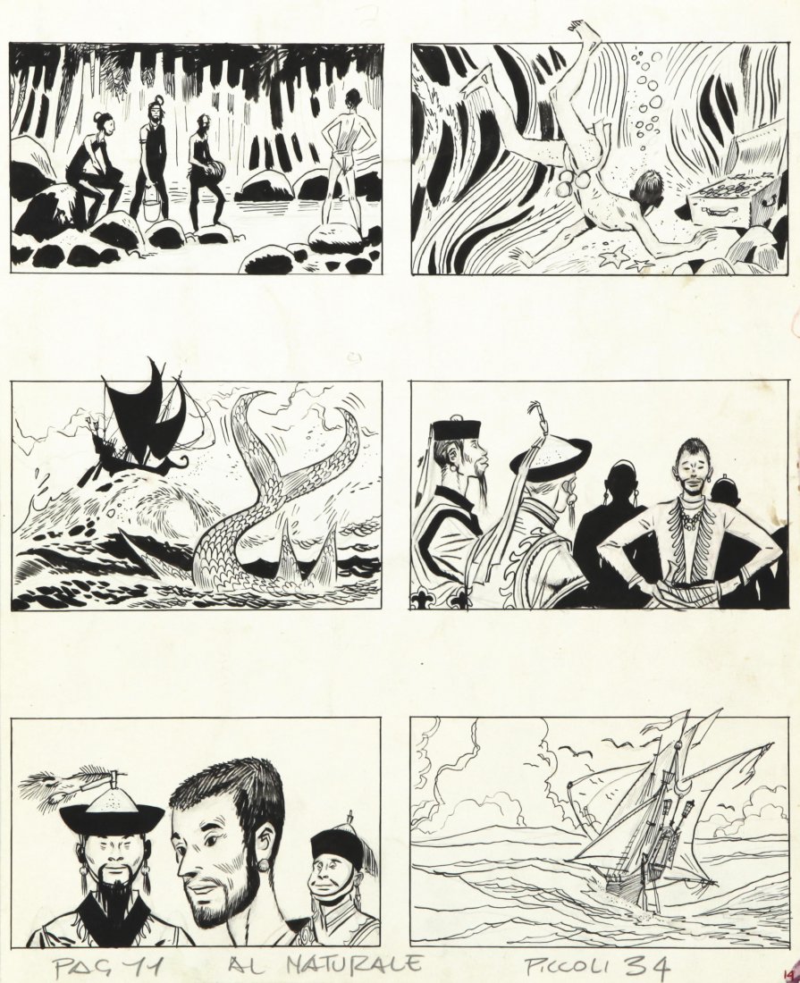 Pratt Hugo - "Le avventure di Simbad il marinaio", 1963: Pratt Hugo - "Le avventure di Simbad il marinaio", 1963 ITA matita e china su cartoncino, 26 x 32 cm Tavola originale realizzata da Pratt per "Le avventure di Simbad il marinaio" edita per la prima vo