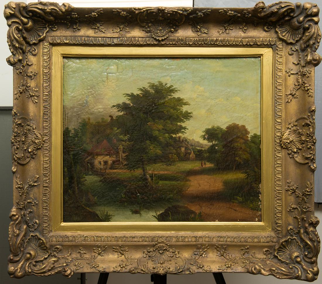 Early 19th C Oil/Canvas, John Constable Follower: Oil painting, circa early 19th Century. Believed to be circle of or follower of John Constable (1776-1837). Canvas has been relined. The relining looks to be a least 100 years old, possibly more. The