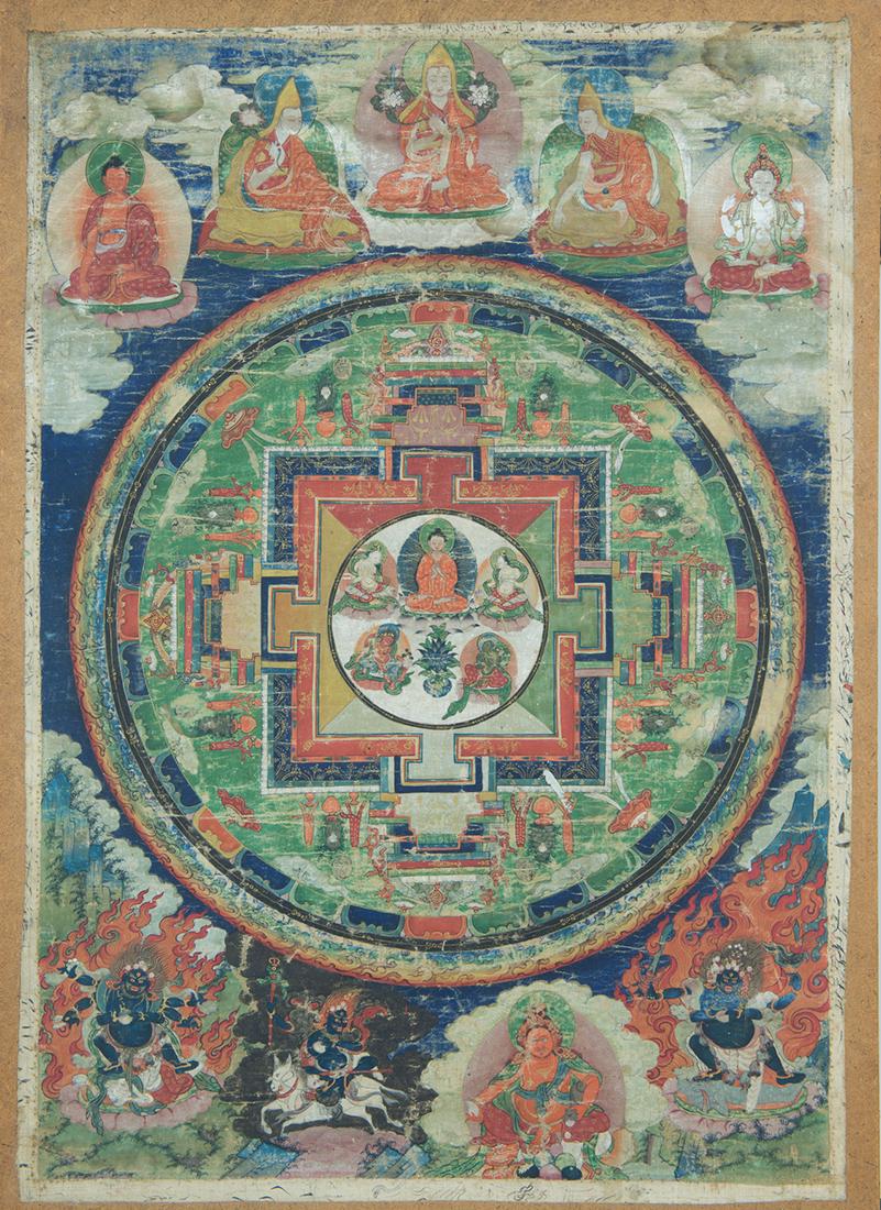 Chinese / Tibetan 17-18th C. or Earlier Mandala: Chinese /Tibetan 17th-18th Century or Earlier Mandala / Thangka 24 inches high x 17.87 inches wide (approximate) Note: The absence of a condition report does not imply that an item is free of faults, 