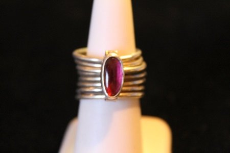 Unisex Stacked Sterling Silver Cabochon Ruby Ring: Unisex Stacked Sterling Silver Cabochon Ruby Ring, Ruby Solitaire Cabochon Cut approx 2.02ct, Clarity Very Transparent, Color Strawberry , Solid Sterling Silver approx 11.2grams and over 1/3 OZ. handc