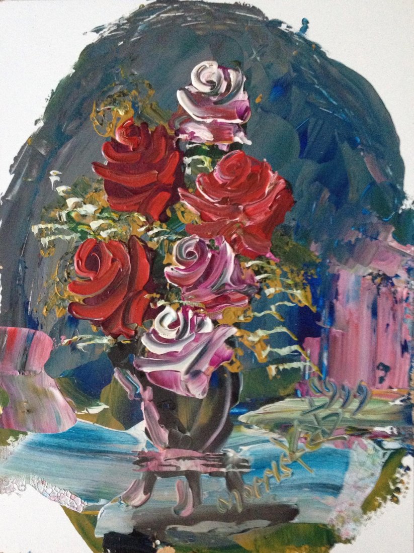 Morris Katz (Polish American 1932 - 2010): "Flowers," Oil on board, 16 x 12, signed, 1999, unframed. (born Moshe Katz on March 5, 1932 in Galicia, Poland, died November 12, 2010 at age 78 in The Bronx, New York) was a Jewish-American painter. 