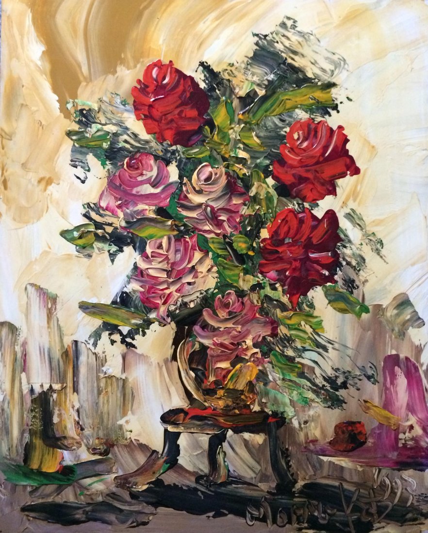 Morris Katz (Polish American 1932 - 2010): "Flowers," Oil on board, 20 x 16, signed, 1997, unframed. (born Moshe Katz on March 5, 1932 in Galicia, Poland, died November 12, 2010 at age 78 in The Bronx, New York) was a Jewish-American painter. 