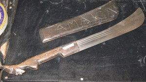 CARVED WOODEN HANDLED MIDDLE EASTERN/AFRICAN MACHETE: CARVED WOODEN HANDLED MIDDLE EASTERN/AFRICAN MACHETE WITH SCABBARD, BLADE STAMPED ROBERT MOLE AND SONS BIRMINGHAM