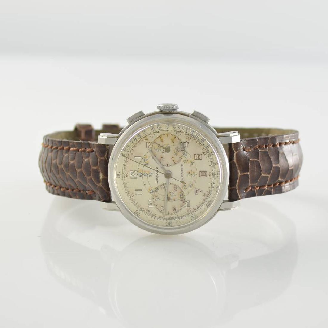 MOVADO gents wristwatch in stainless steel: MOVADO gents wristwatch in stainless steel with chronograph calibre 90, Switzerland around 1945, manual winding, 3-piece construction case, silvered patinated dial with Arabic numerals, silvered hands