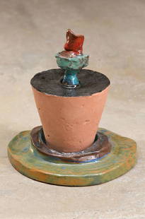 Lambert Maria Wintersberger: Lambert Maria Wintersberger, born 1941 in Munich, Germany, Unique, fully plastic sculpture according to a model of a Flower still life, flower pot with calyx flower on coaster, colorful painted, monog
