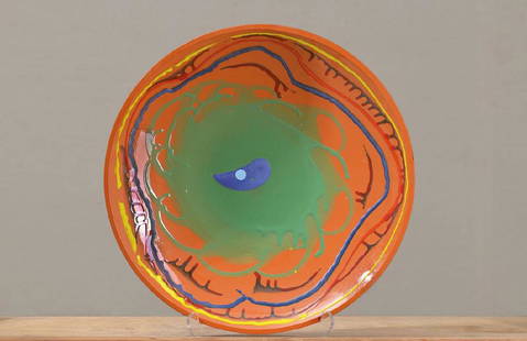 Lambert Maria Wintersberger: Lambert Maria Wintersberger, born 1941 in Munich, large Artificial bowl, majolica, no. 507, encircling colorful lining glaciers in red, yellow, blue and green, orange-red ground, heaven rose represent