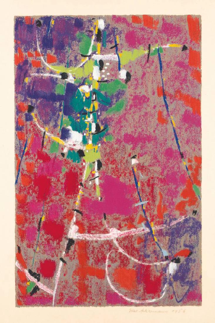 Max Ackermann,1887-1975, screen print on hand-made: Max Ackermann,1887-1975, screen print on hand-made paper, unique, signed, dated 1956, approx 49x31,5 cm, framed under glass ****************************************************************************