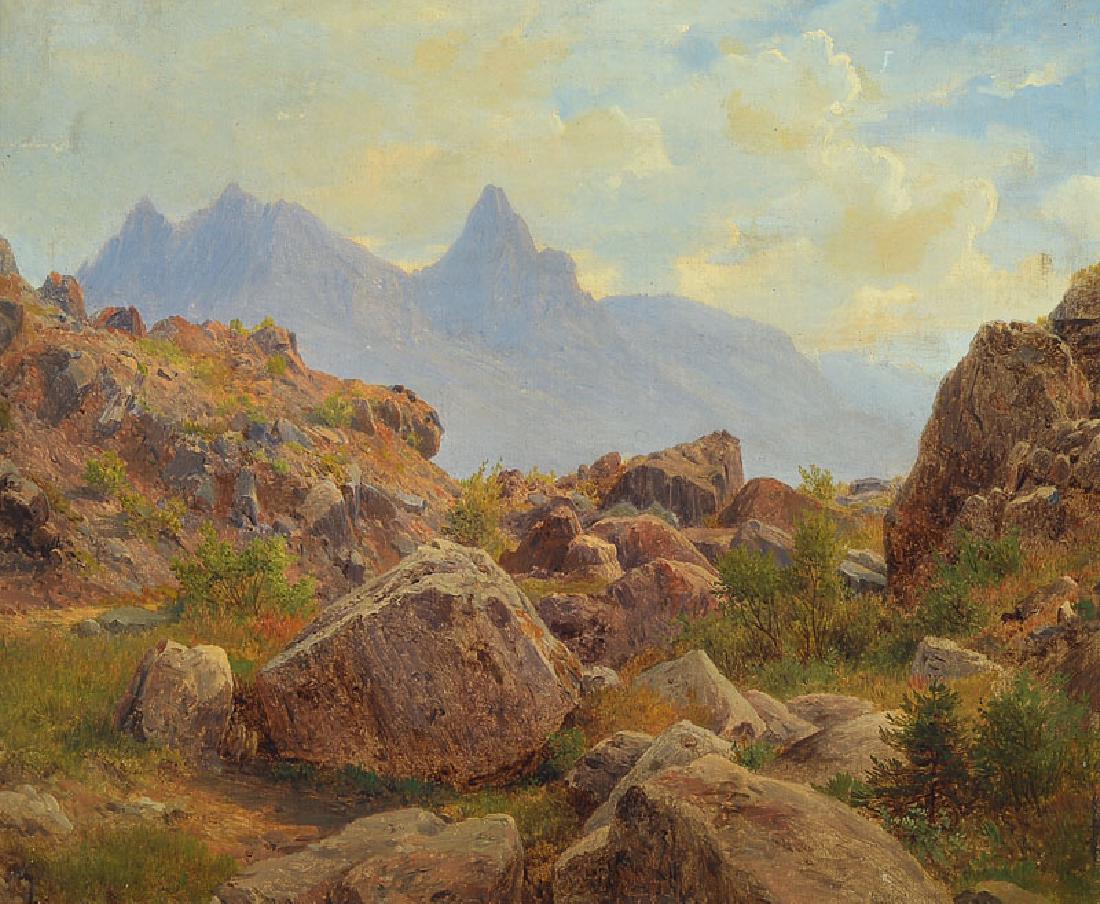 Attribution: Josef Willroider: Attribution: Josef Willroider, 1838 Villach- 1915 Munich, was influenced by Eduard Schleichd.Ä, and had contact with Andreas and Oswald Achenbach in Düsseldorf, here: rocky landscape in the mountain