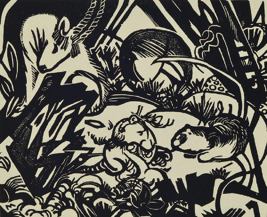 Franz Marc: Franz Marc, 1880-1916, original woodcut from the animal legend, on the back noted, chief representative of the German expressionism, heformed with Kandinsky the group 'Der blaue Reiter' in 1911, objec