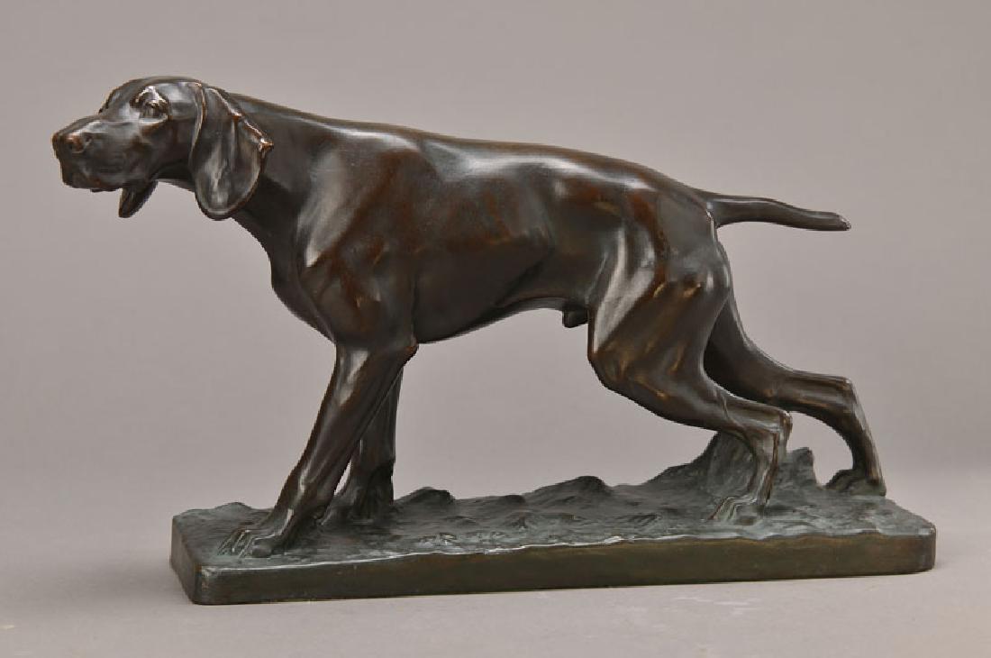 Sculpture: Sculpture of a hunting dog, Fritz Diller, 1875-1945, metal cast bronze coloured aeruginous, signed and dat. 36, approx. 22.5x38x9cm
