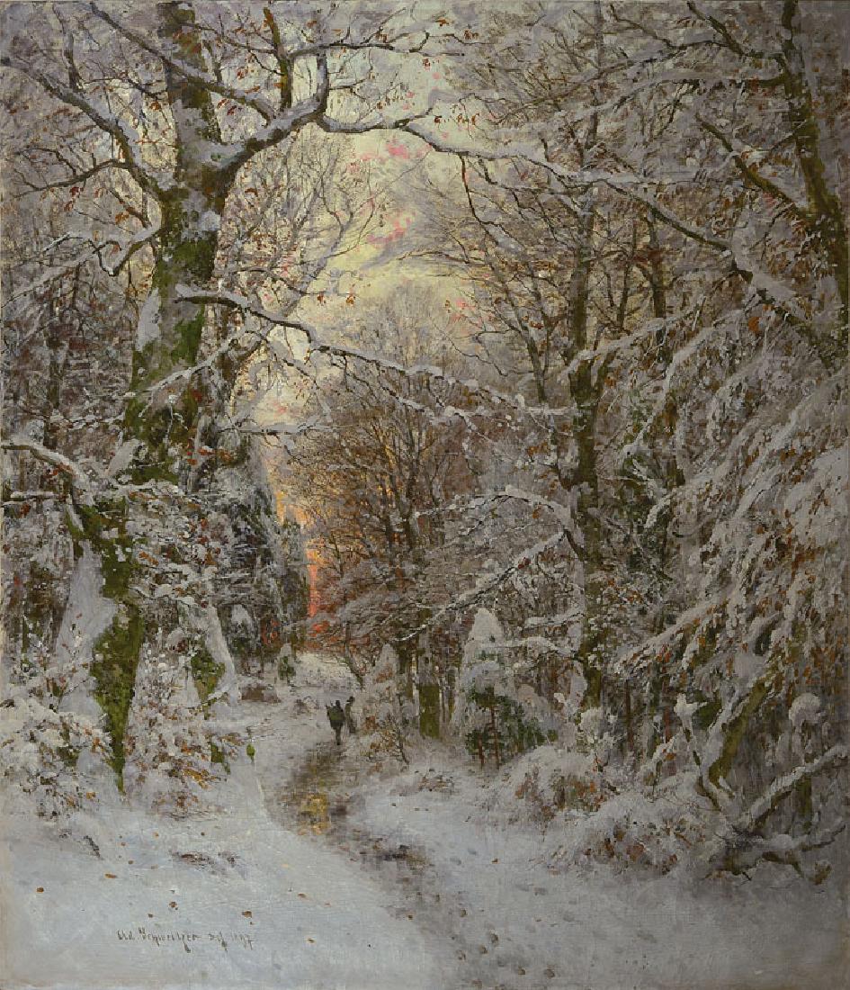 Adolf Gustav Schweitzer: Adolf Gustav Schweitzer, 1847 Dessau-1914 Duesseldorf, studied at the academy Düsseldorfwith Oswald Achenbach, Eugene Dücker and Albert Flamm, here: Snow-covered woodland withhunter on the way, suns