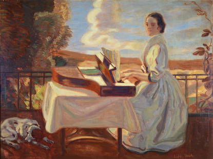 Ludwig von Herterich: Ludwig von Herterich, 1856 Ansbach- 1932 Etzenhausen (Dachau), studied in Munich and was there since 1898 professor, member of the Munich Sezession, here: lady with hunting dog at the spinet, oil / ca