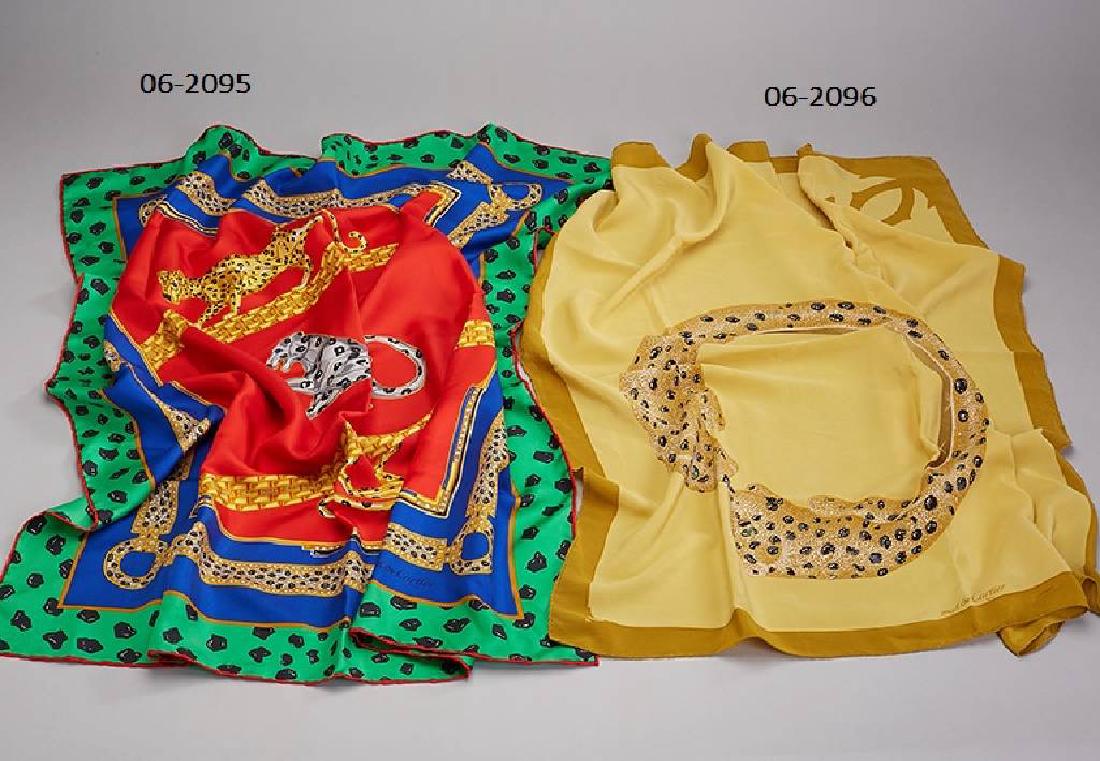CARTIER CARREE, Paris, silk: CARTIER CARREE, Paris, silk , centered with 2 panthers in gold and silver, red, blue and green, handrolled, approx. 86 x 85 cm