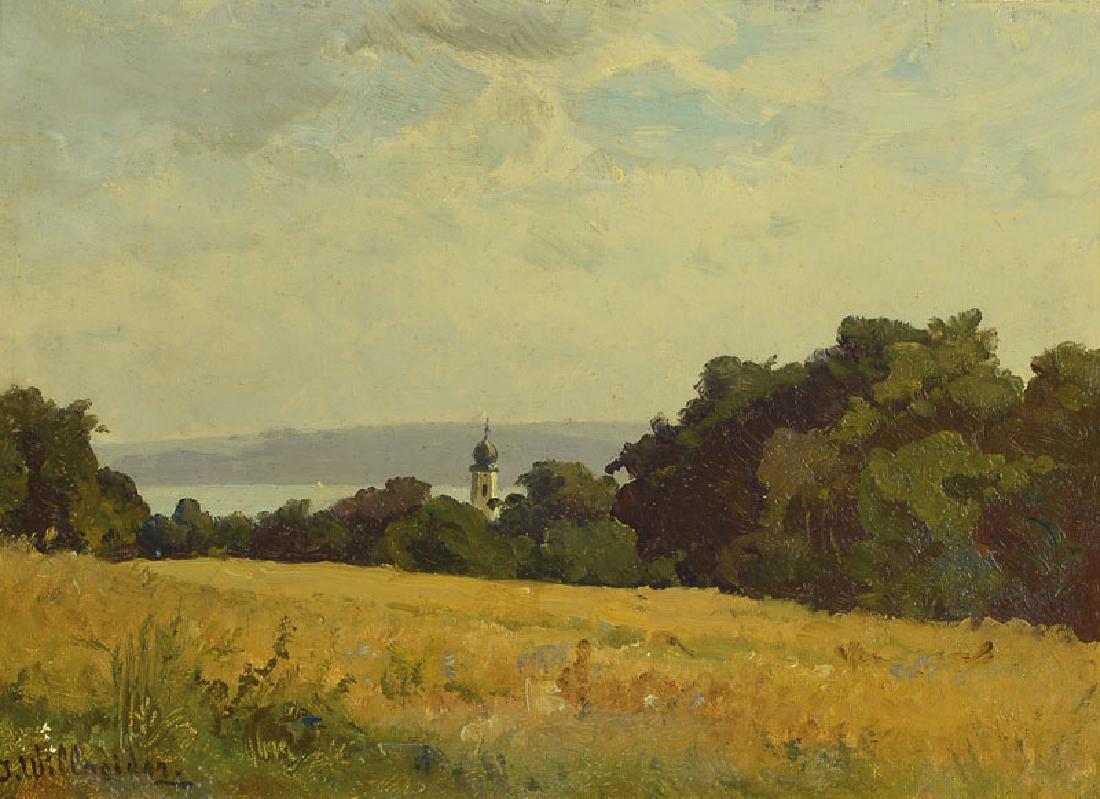 Josef Willroider: Josef Willroider, 1838 Villach-1915 Munich, was influenced by Eduard Schleich sen. and hadcontact with Andreas and Oswald Achenbach, here: view of the Chiemsee and the church tower of Frauenchiemsee,