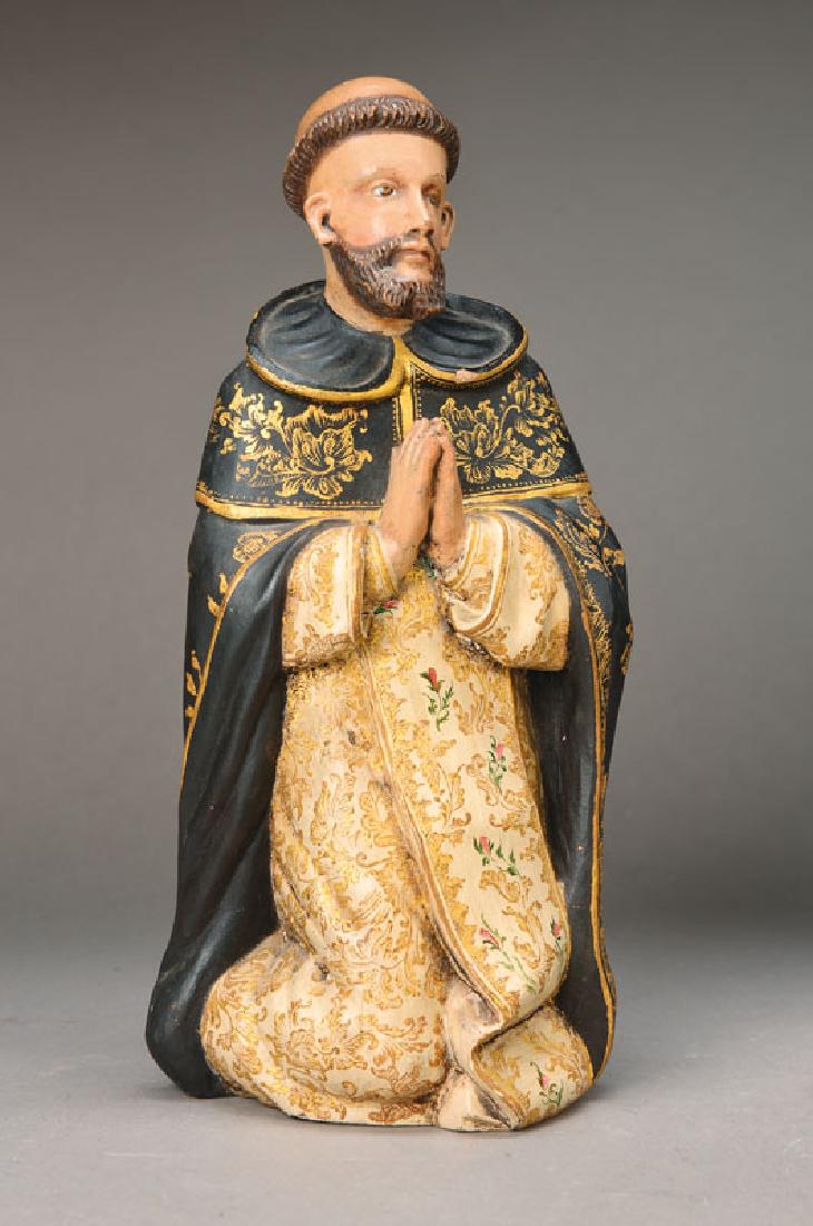 figure of a saint: figure of a saint, South America, around 1840 -50, basswood carved and polychrome jewel setting, floral gold decoration in the clothes, H.approx. 30,5 cm, minor damages by age, probably Chile/Peru
