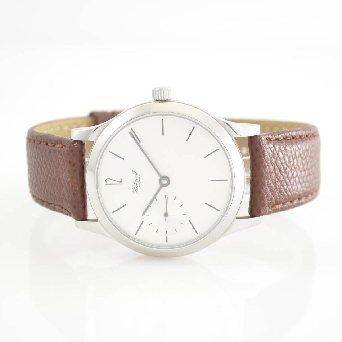 HABRING gents wristwatch model Felix: HABRING gents wristwatch model Felix, manual winding, Austria around 2014, stainless steel case on both sides glazed, original leather strap, snap on case back and bezel, silver- white grained dial, b