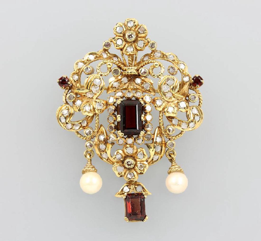 18 kt gold brooch/pendant with diamonds and garnets, YG (1 of 1)