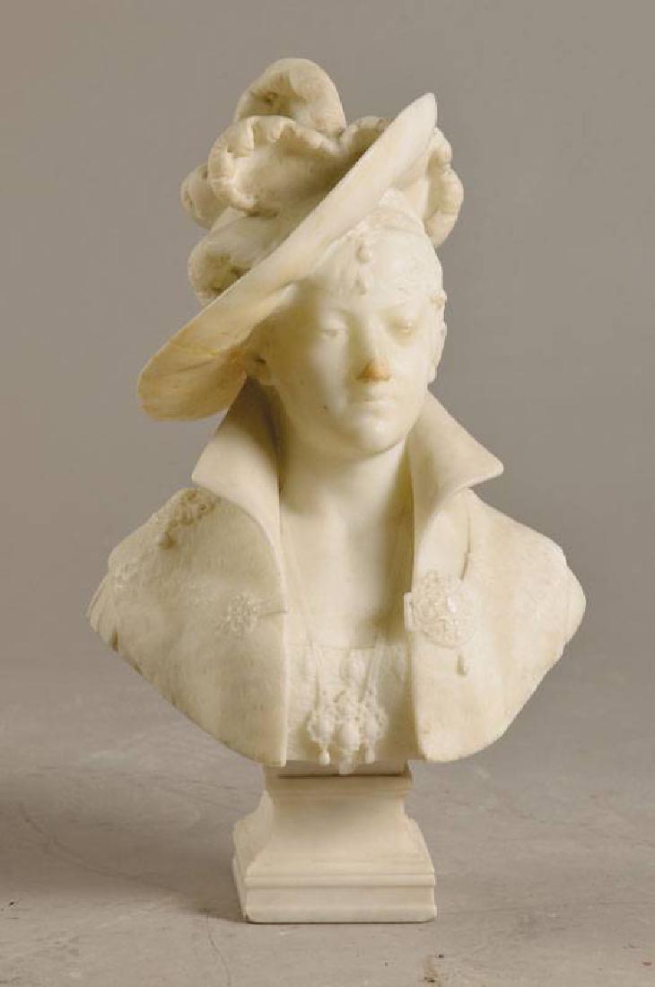 Bust: Bust of Cesar Constantino R., Ceribelli, 1841 - 1918, marble bust a lady with hat, at nose and hat restored, approx. 45 cm