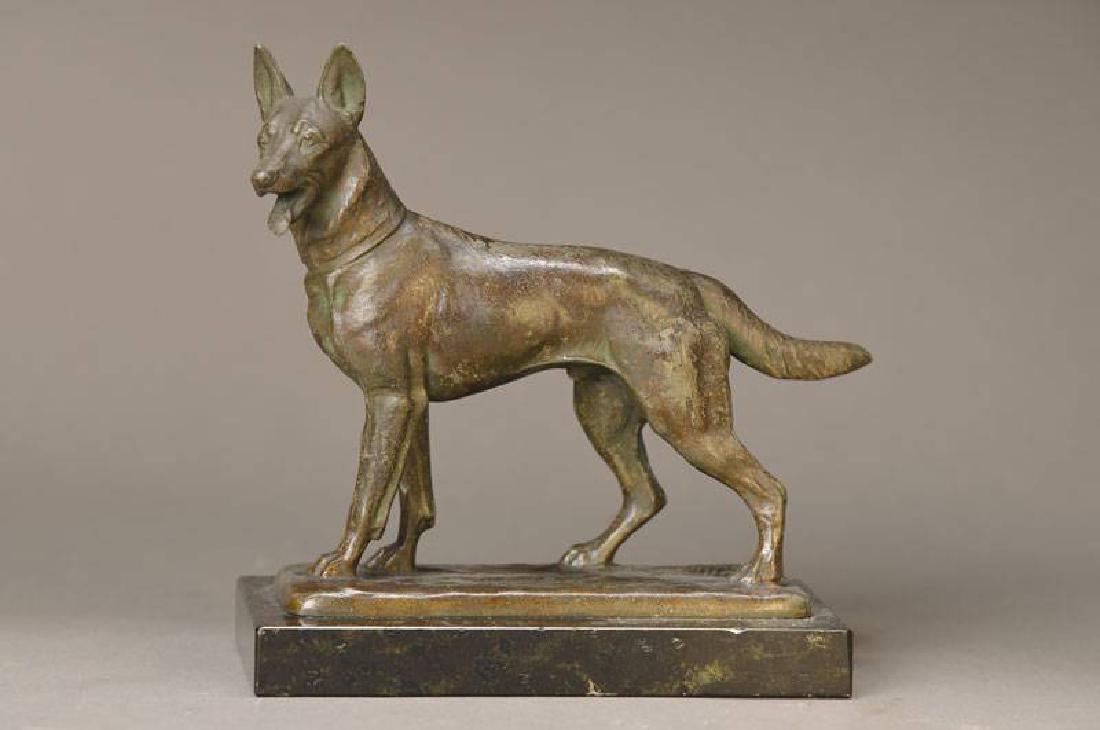 Sculpture of a dog: Sculpture of a dog, Fritz Diller, 1875-1945, metal cast, bronze coloured aeruginous, abraded, signed and dat. 34, stone pedestal, total h. approx. 17cm