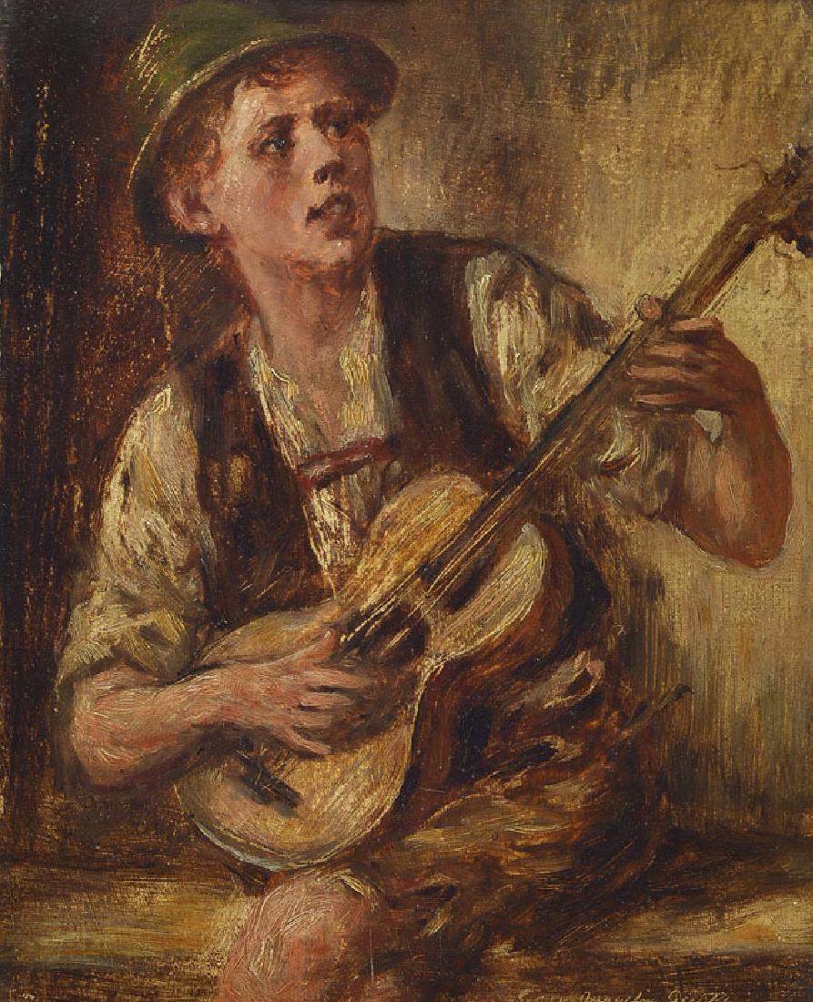 Caspar Augustin Geiger: Caspar Augustin Geiger, 1847 Lauingen-1924 Munich, Young farmer with guitar, oil / wood, signed lower right and dated 1922, approx. 21x16cm, frame