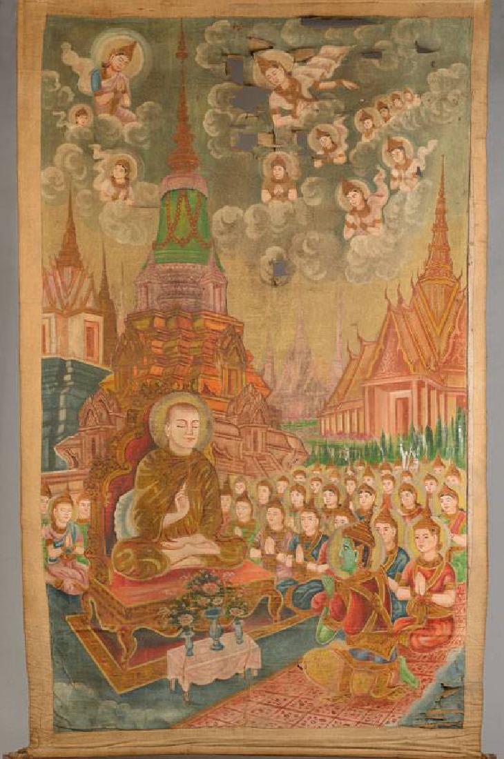 Large Thangka: Large Thangka, Cambodia, 19th c., Gouache painting, damaged respectively with flaws, approx. 145 x 90 cm