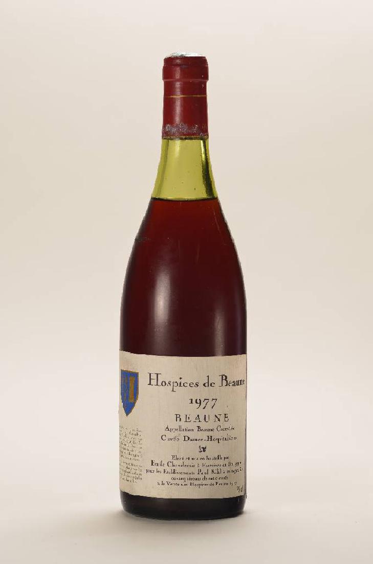 2 bottles of 1977 Hospices: 2 bottles of 1977 Hospices de Beaune Cuvee Dames -Hospitalieres, each approx 75 cl, distances between capsules and wine: 3,4 cm and 2,2 cm, rarely on offer, good condition ofthe bottles, not tasted