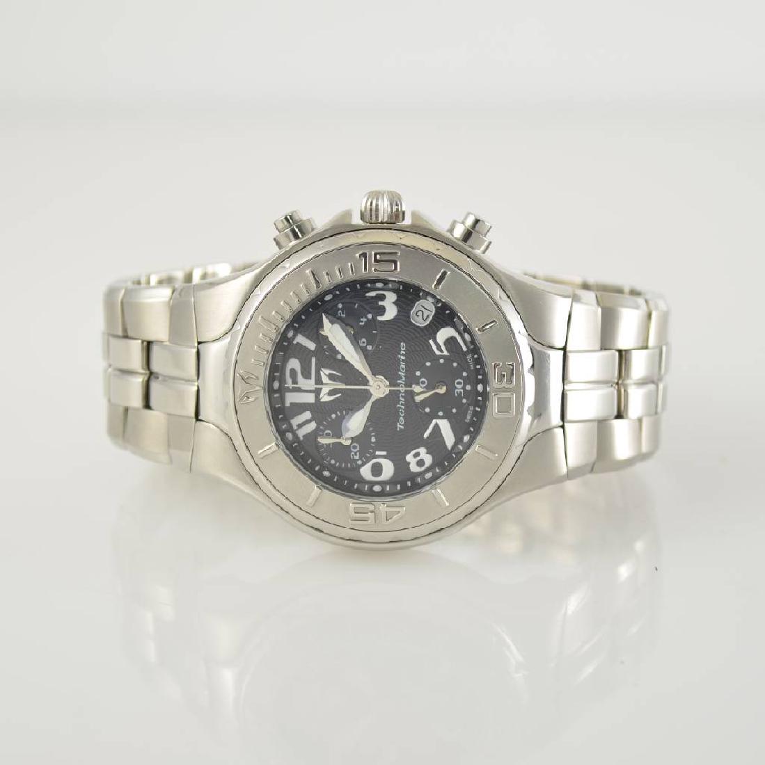 TECHNOMARINE ladies wristwatch with chronograph: TECHNOMARINE ladies wristwatch with chronograph, Switzerland around 2005, quartz, screwed down stainless steel case including bracelet with butterfly buckle, black dial with Arabic luminous numerals,