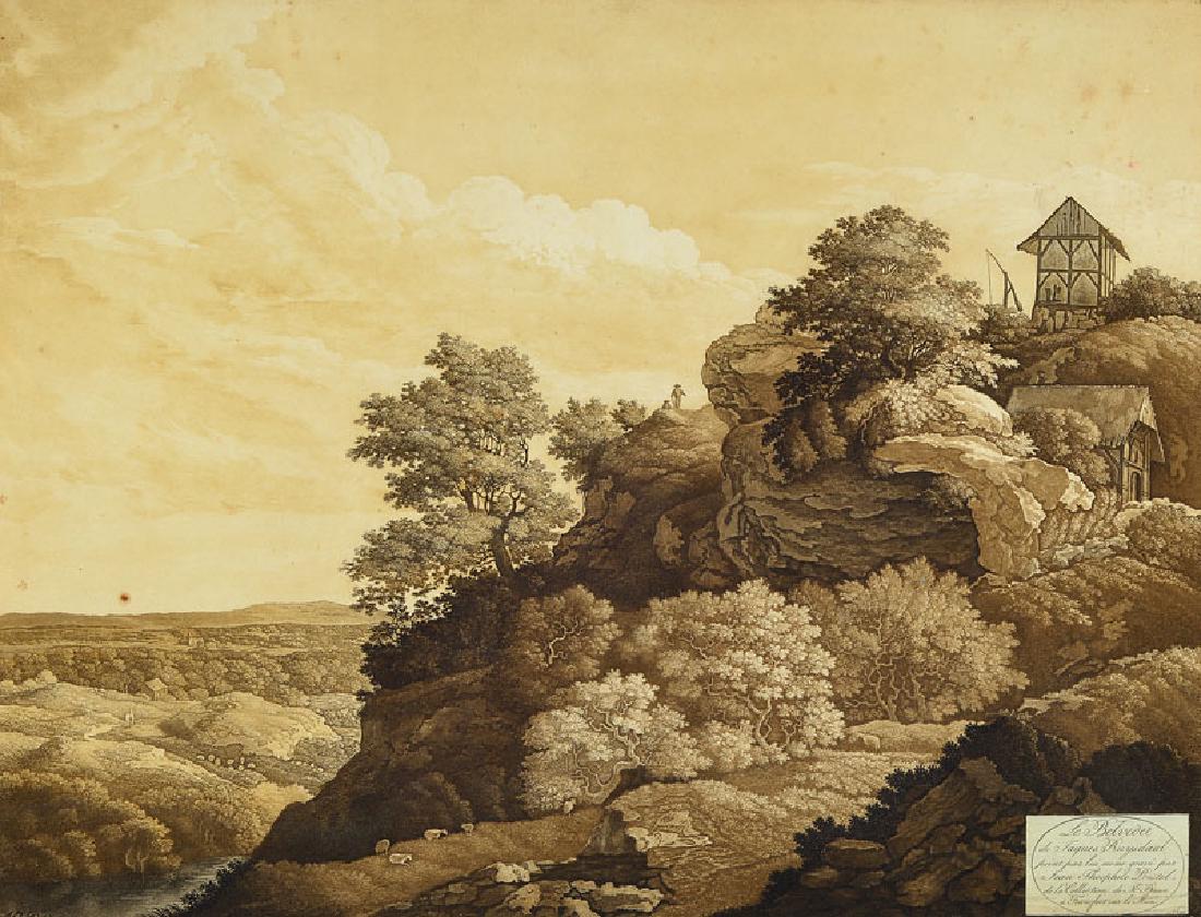 Johann Gottlieb Prestel: Johann Gottlieb Prestel, 1739-1808, Aquatintaradierung, pruned, with small descrption: Le Leveder de Jaques Ruysdaal, peint par lui meme gravé par Jean Theophile Prestel ..., signed, rocky landscape