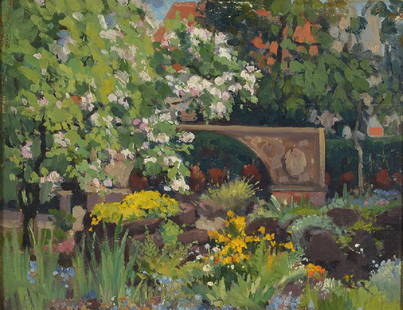Ruth Mercier: Ruth Mercier, native Swiss painter of French descent, was active around 1880-1913, View from a park, oil / wood, on the back signed, approx. 27x35cm, frame