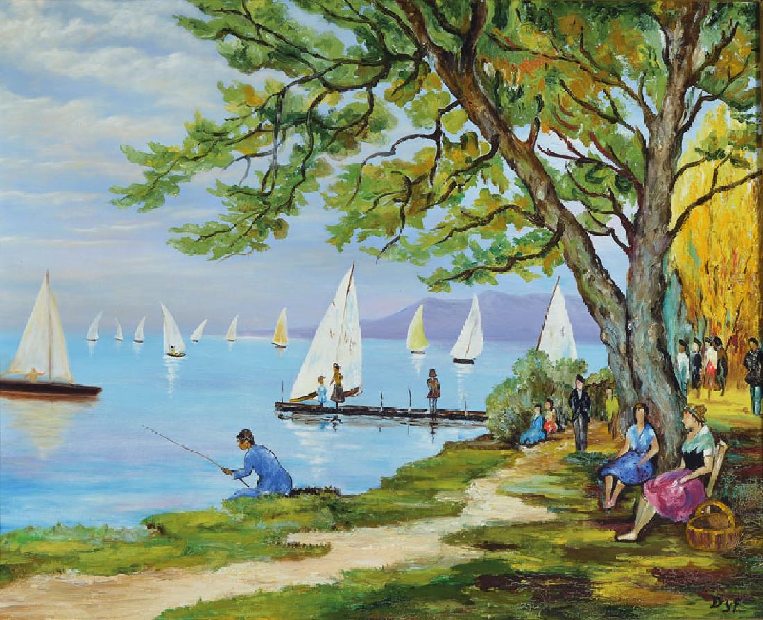 Marcel Dyf (actually Dreyfuss): Marcel Dyf (actually Dreyfuss), 1899 Paris- 1985 Bois d'Arcy / Yvelines, sailboats on a lake, in foreground Angler and Picnic, oil / canvas, signed lower right, approx. 60x75cm, frame