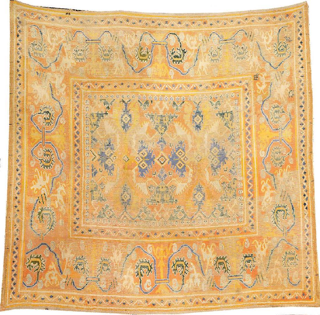 Early Spanish Alcaraz/Cuenca 'Rug' (Lorenzo Lotto: Early Spanish Alcaraz/Cuenca 'Rug' (Lorenzo Lotto Design), East Spain, late 17th century, wool/cotton, approx. 209 x 217 cm, condition: (traces of age/use, early restorations), so-called Lotto pattern