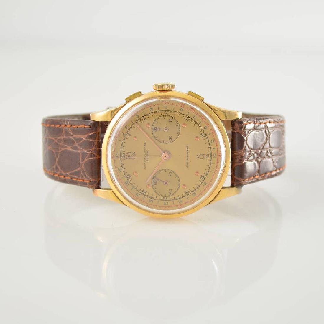 CHRONOGRAPHE SUISSE 18k pink gold chronograph: CHRONOGRAPHE SUISSE 18k pink gold chronograph, Switzerland around 1945, manual winding, case with gold-plated metal cuvette dent, snap on case back and bezel, gilded dial due to age spotty, rhodium pl