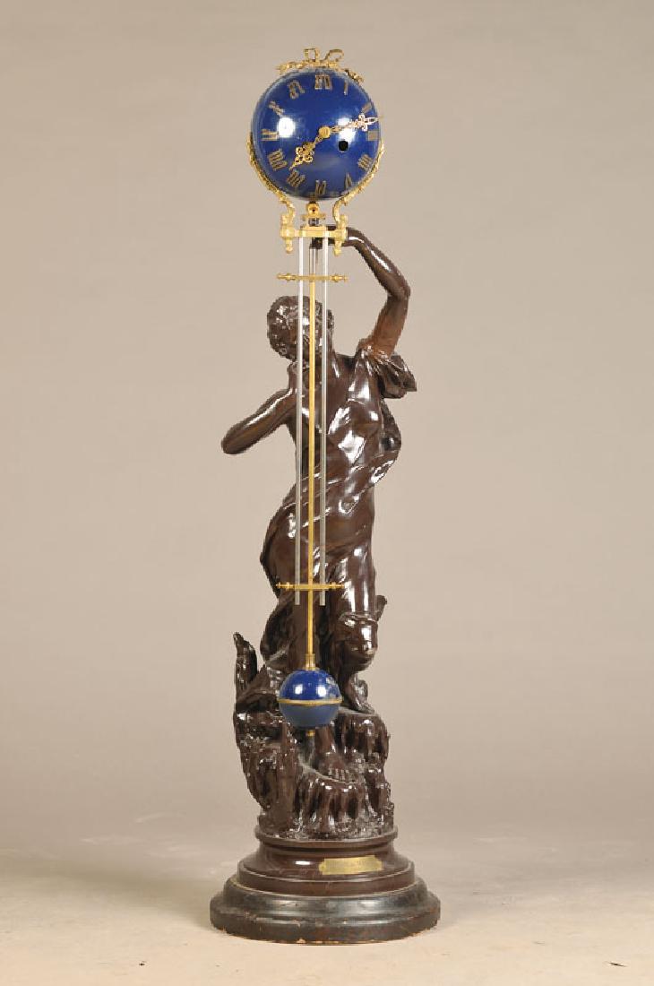 Large Mysterieuse: Large Mysterieuse, France, around 1900, woodenpedestal, signature 'La fleur of the glaciers par. J. Causse', above very large Art Nouveau sculpture, in hand clock holding, metal cast bronzed, crown wi