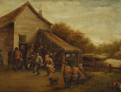Joost Cornelisz Droochsloot: Circle of Joost Cornelisz Droochsloot, 1586- 1666, Holland, village scene with rural people dancing and celebrating, oil / wood, unsigned, old restored and stress crack in theupper third, about 34 x 4