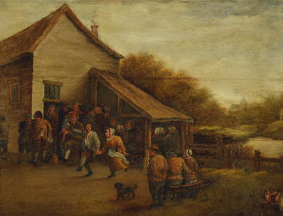 Joost Cornelisz Droochsloot: Circle of Joost Cornelisz Droochsloot, 1586- 1666, Holland, village scene with rural people dancing and celebrating, oil / wood, unsigned, old restored and stress crack in theupper third, about 34 x