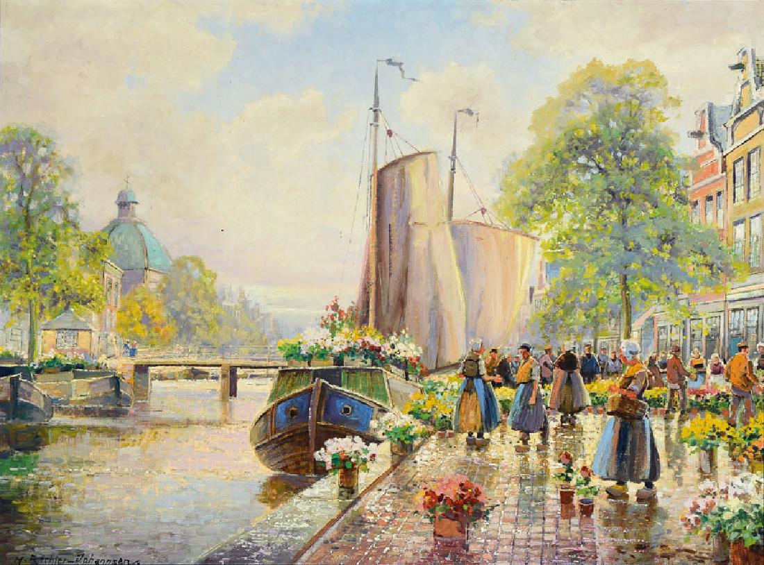 Hans Richter-Johansen: Hans Richter-Johansen, painter around 1900, Dutch flower market, oil / canvas, signed lower left, approx. 60x80cm, frame, side left approx. 6x6cm tear in the canvas