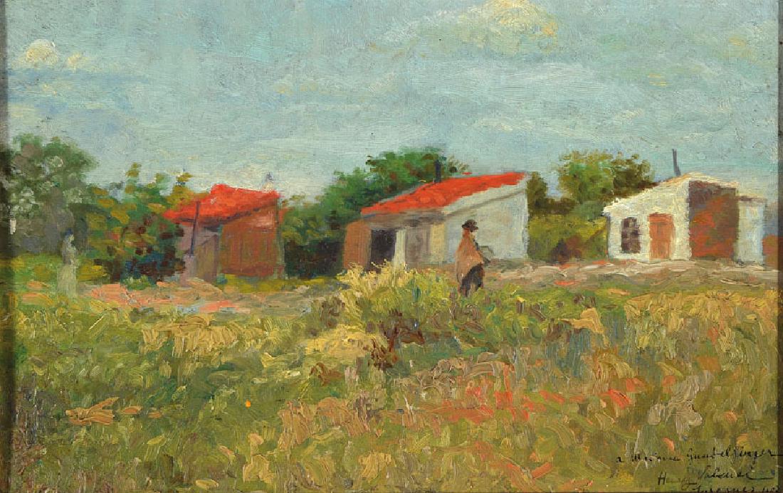 Henry Valensi: Henry Valensi, born 1883 Algiers, landscape with farmhouses, oil / painting cardboard, signed lower right and dated 1907, with dedication, approx. 21x31.5cm, frame