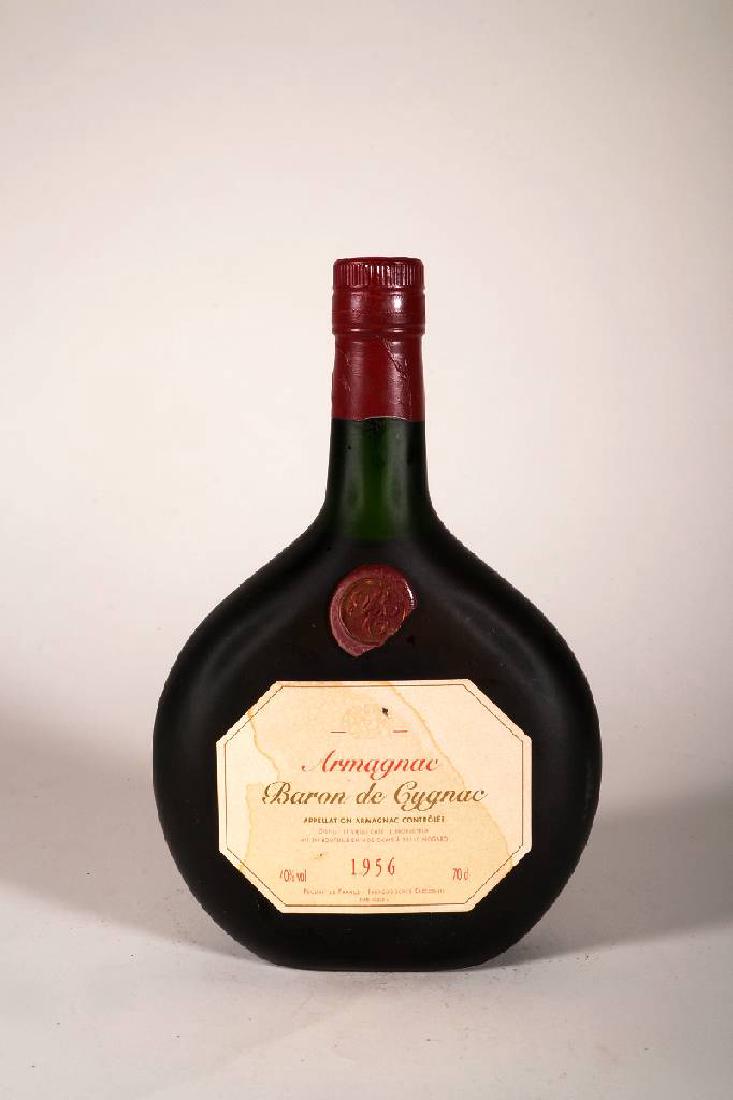 1 bottle of 1956 Armagnac: 1 bottle of 1956 Baron de Cygnac Armagnac, approx 70 cl, 40 % Vol., distance between capsule and Armagnac: ca: 3,5 cm, not tasted, very good condition of the bottle, with orig. seal this slightly dama