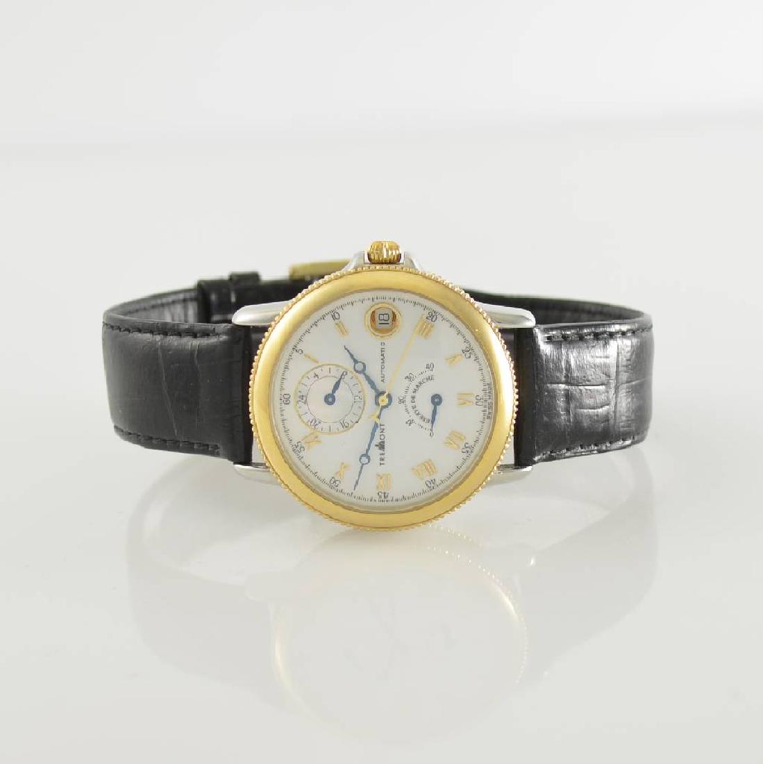 TREMONT gents wristwatch with power reserve: TREMONT gents wristwatch with power reserve indicator-display, Switzerland around 1995, on both sides glazed steel case, gold plated bezel as well as snap on case back, white dial with raised gilded R