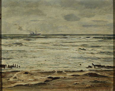 Fritz Köhler: Fritz Köhler, 1887 Moritzburg-1971 Dusseldorf,Studies at the School of Applied Arts Weimar with Max Thedy, here; Ship in the distance, oil / painting cardboard, signed lower right and inscribed: Duss