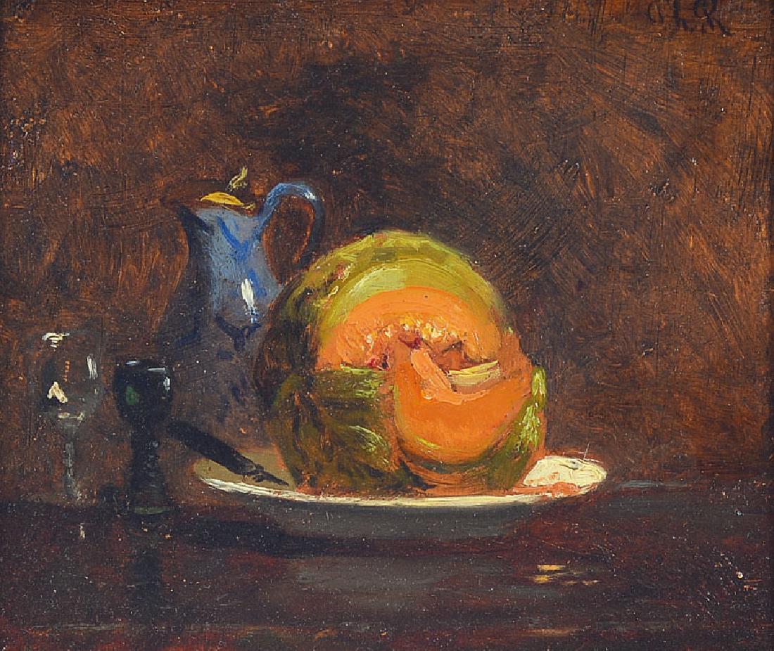 Philippe Rousseau: Philippe Rousseau, 1816-1887, Small still lifewith melon and stoneware pitcher, oil / wood, right above monogrammed Ph.R., approx. 14x16cm, pomp frame, with certificate Marc Richard Opfikon / Switzerl